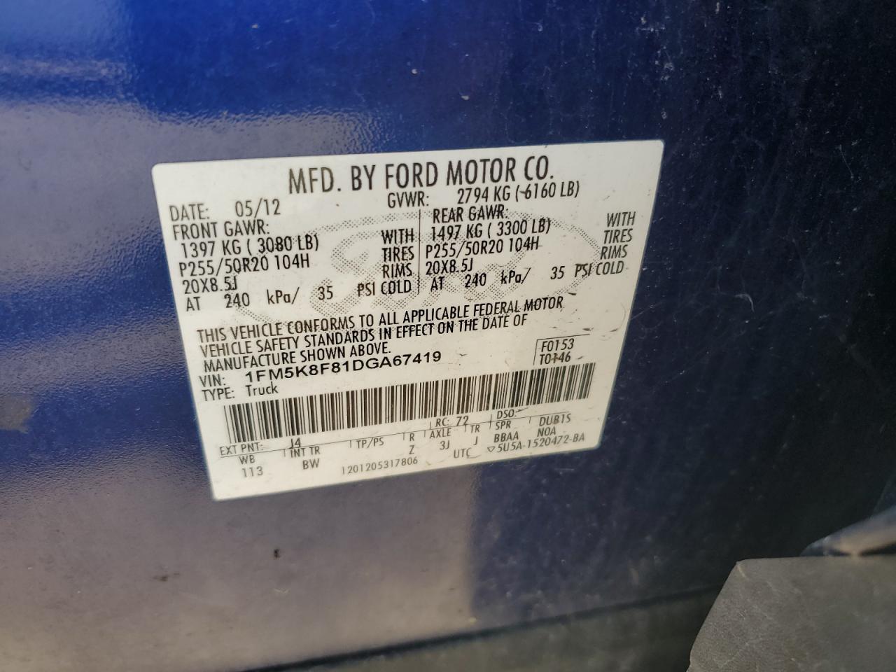 2013 Ford Explorer Limited VIN: 1FM5K8F81DGA67419 Lot: 71705165