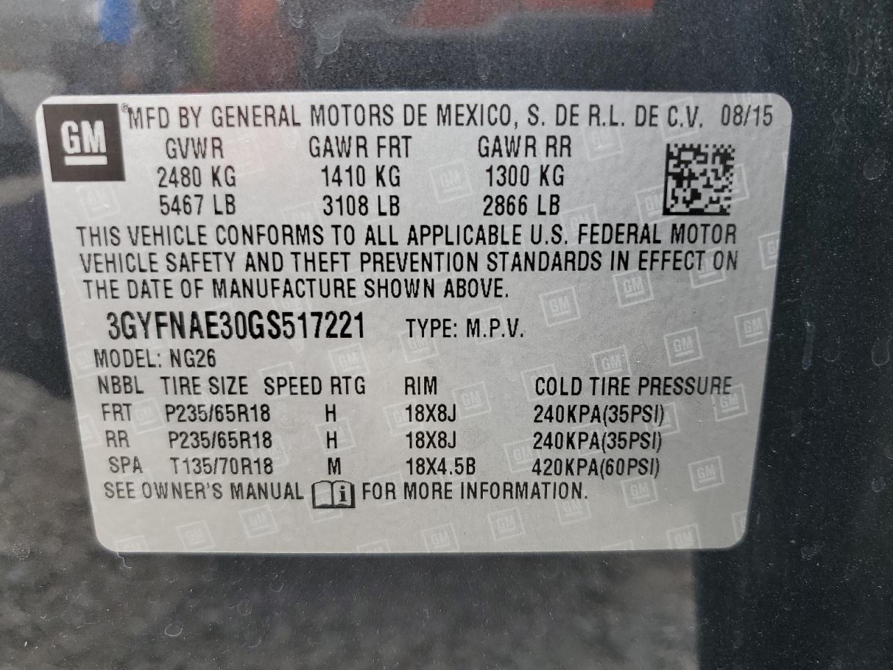 2016 Cadillac Srx VIN: 3GYFNAE30GS517221 Lot: 81087945