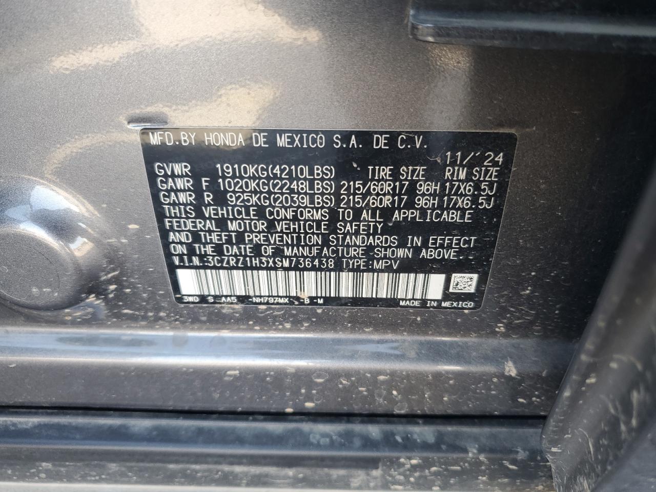 2025 Honda Hr-V Lx VIN: 3CZRZ1H3XSM736438 Lot: 81620185