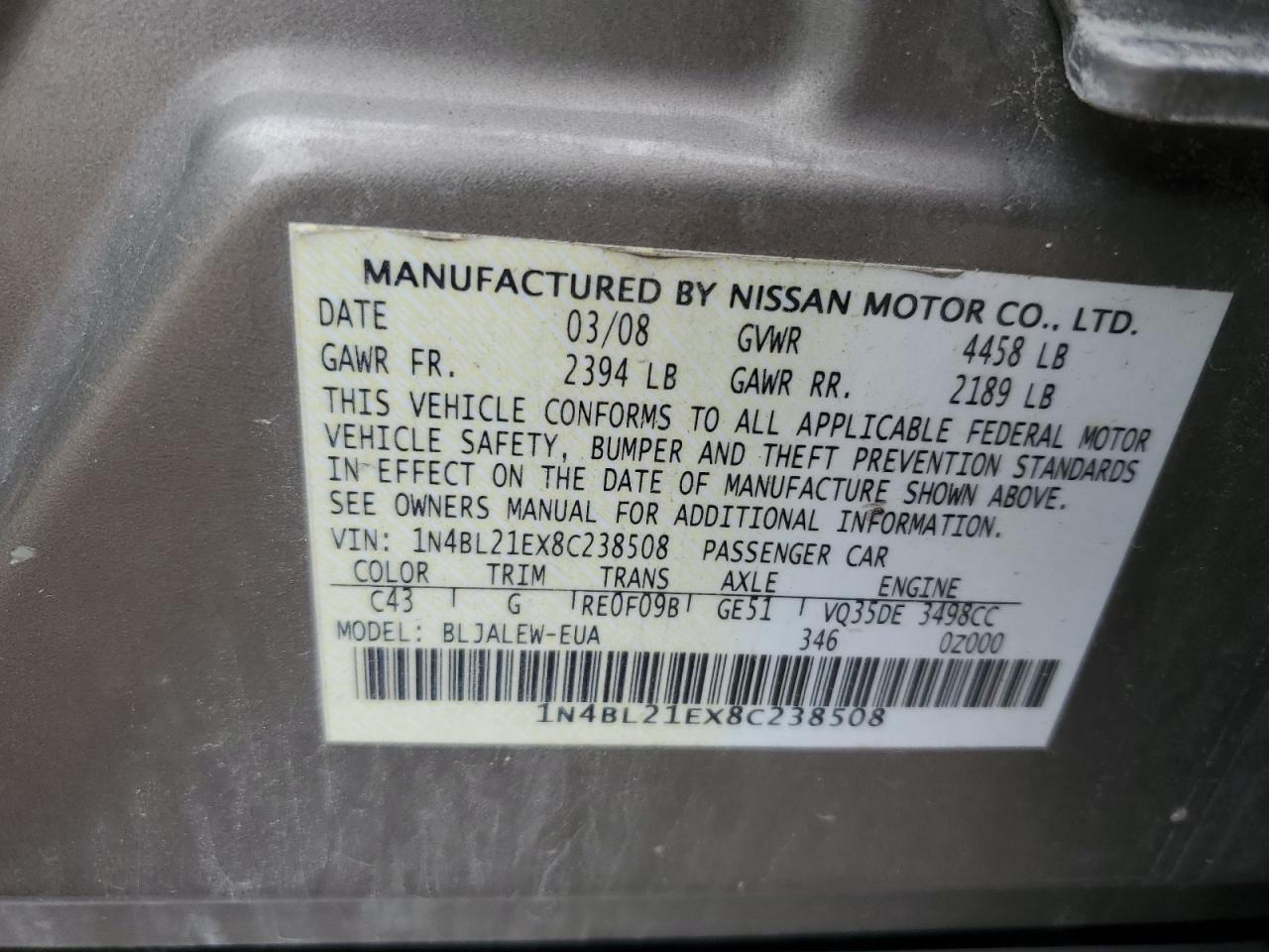 2008 Nissan Altima 3.5Se VIN: 1N4BL21EX8C238508 Lot: 82153635