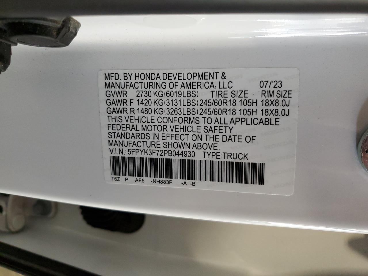2023 Honda Ridgeline Rtl-E VIN: 5FPYK3F72PB044930 Lot: 83827505