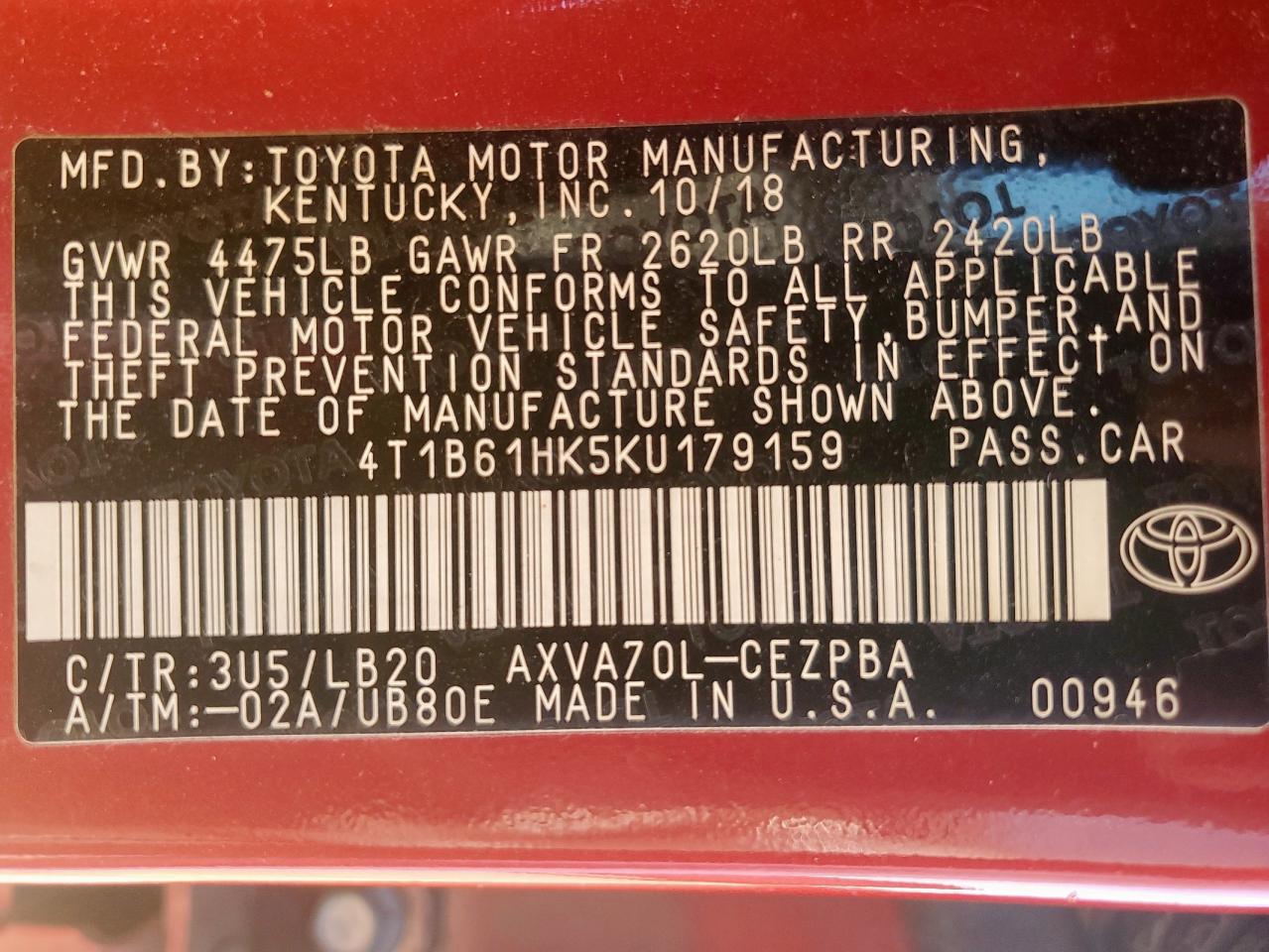 2019 Toyota Camry Xse VIN: 4T1B61HK5KU179159 Lot: 82025575