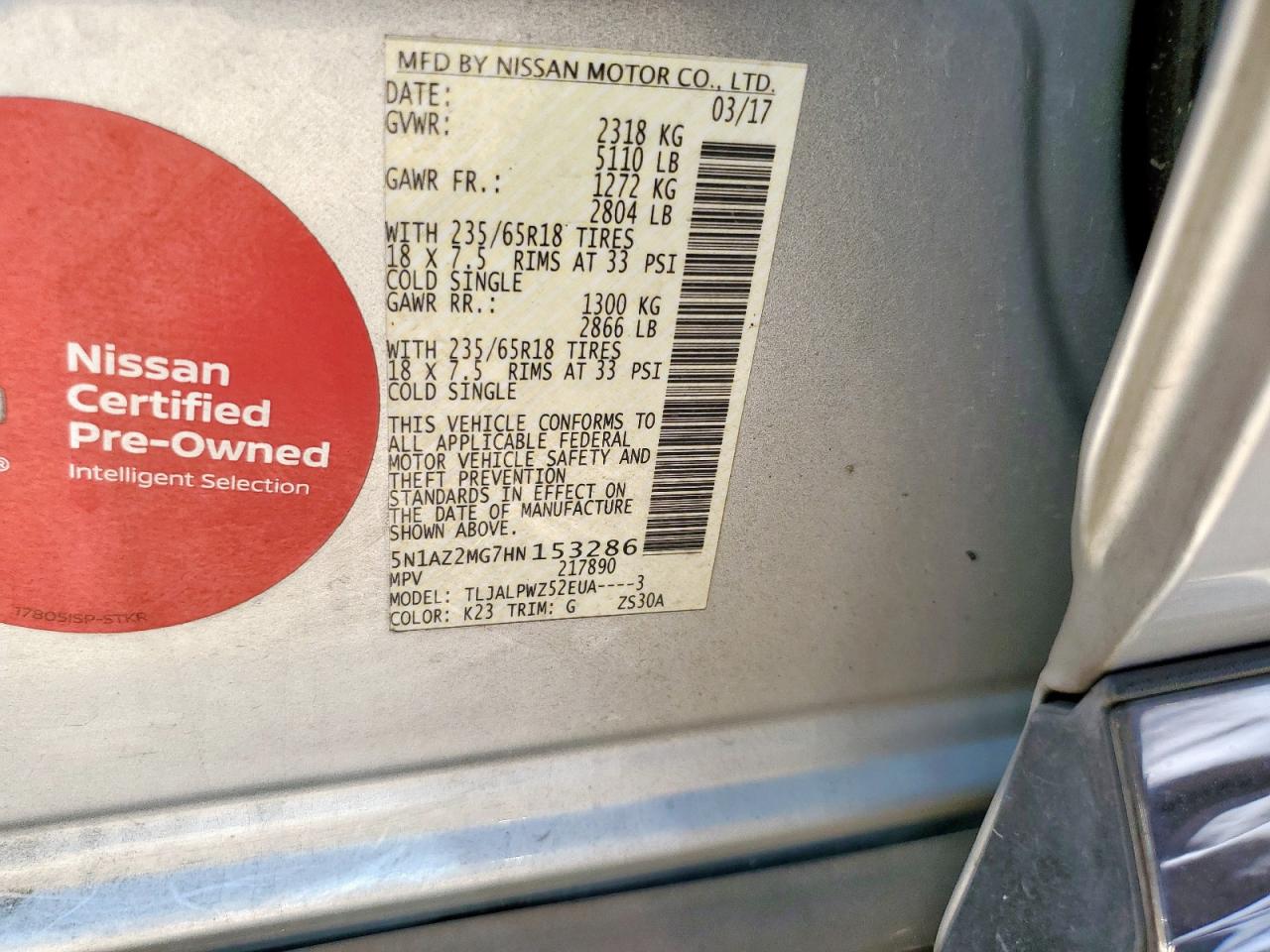 2017 Nissan Murano S VIN: 5N1AZ2MG7HN153286 Lot: 70726795