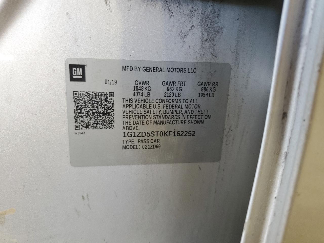 2019 Chevrolet Malibu Lt VIN: 1G1ZD5ST0KF162252 Lot: 71164115