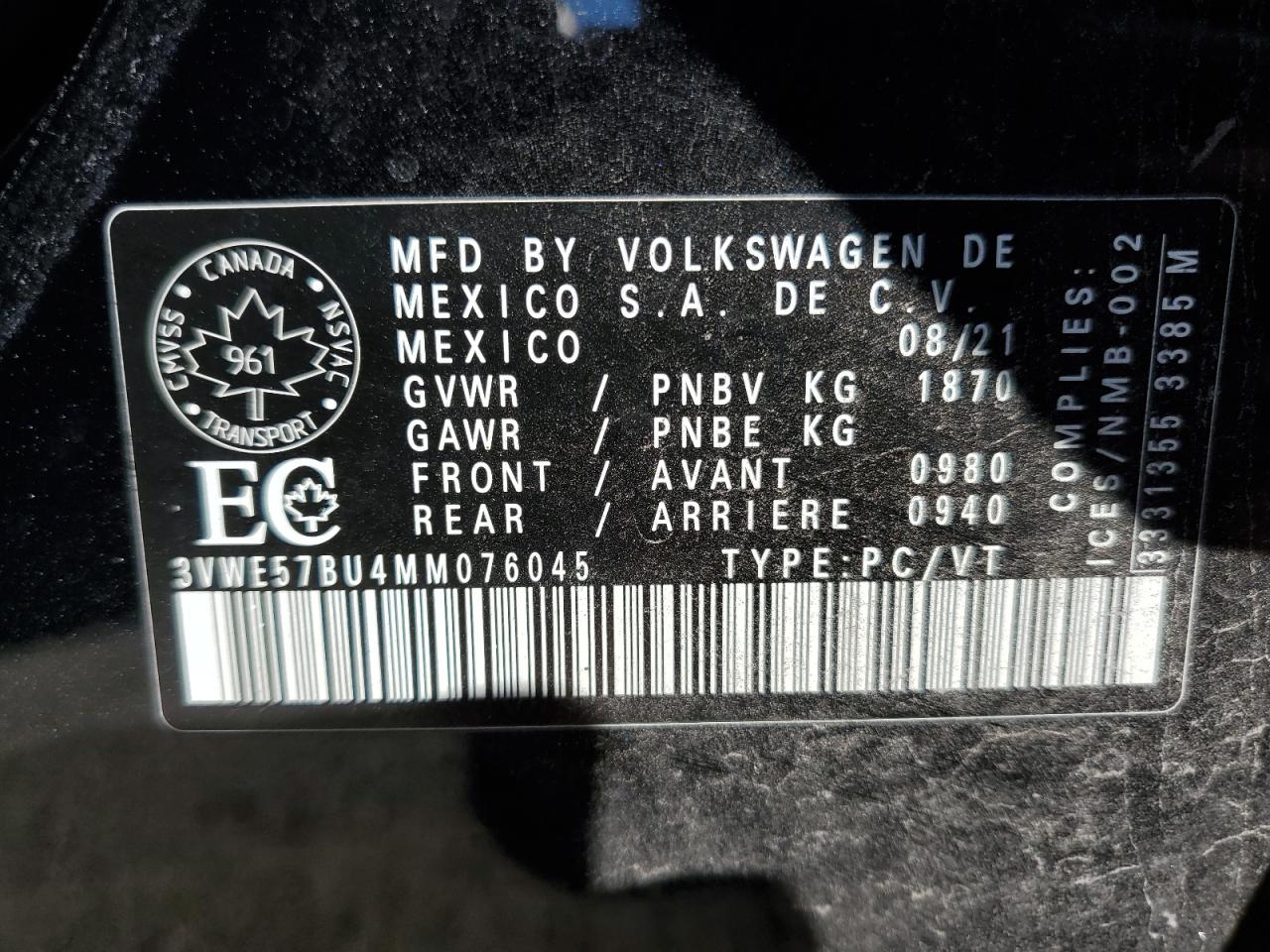 2021 Volkswagen Jetta Sel VIN: 3VWE57BU4MM076045 Lot: 69544995