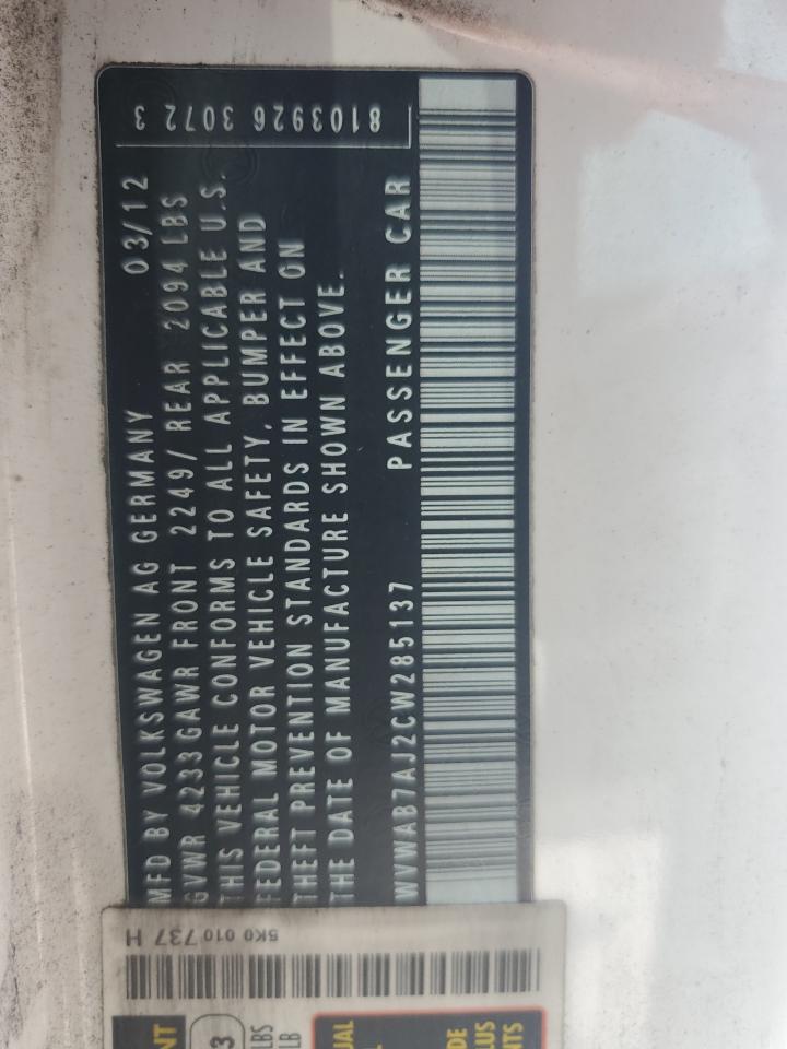 2012 Volkswagen Golf VIN: WVWAB7AJ2CW285137 Lot: 81147045