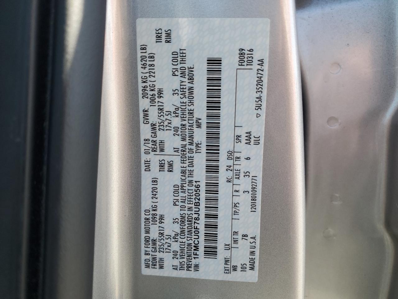 2018 Ford Escape S VIN: 1FMCU0F78JUB20561 Lot: 81728865