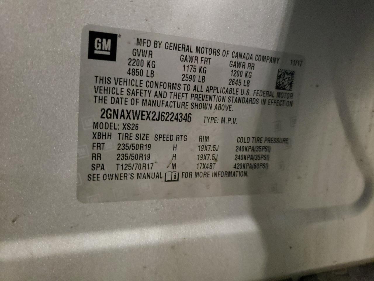 2018 Chevrolet Equinox Premier VIN: 2GNAXWEX2J6224346 Lot: 81784205