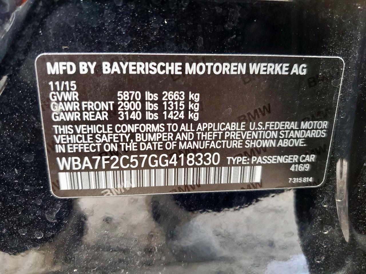 2016 BMW 750 Xi VIN: WBA7F2C57GG418330 Lot: 80852555