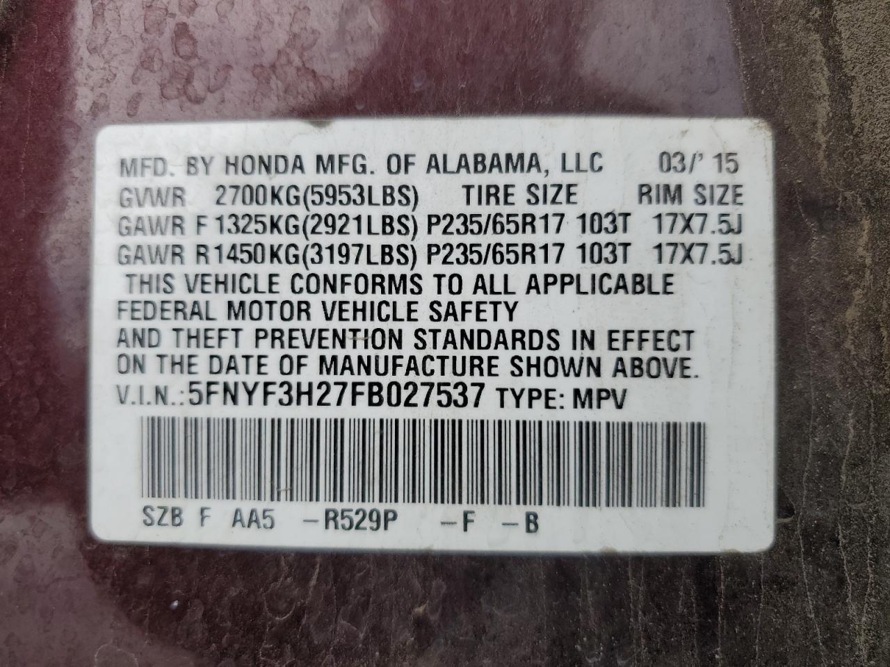 2015 Honda Pilot Lx VIN: 5FNYF3H27FB027537 Lot: 69251235