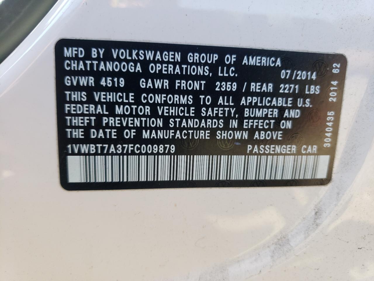 2015 Volkswagen Passat Se VIN: 1VWBT7A37FC009879 Lot: 84735635