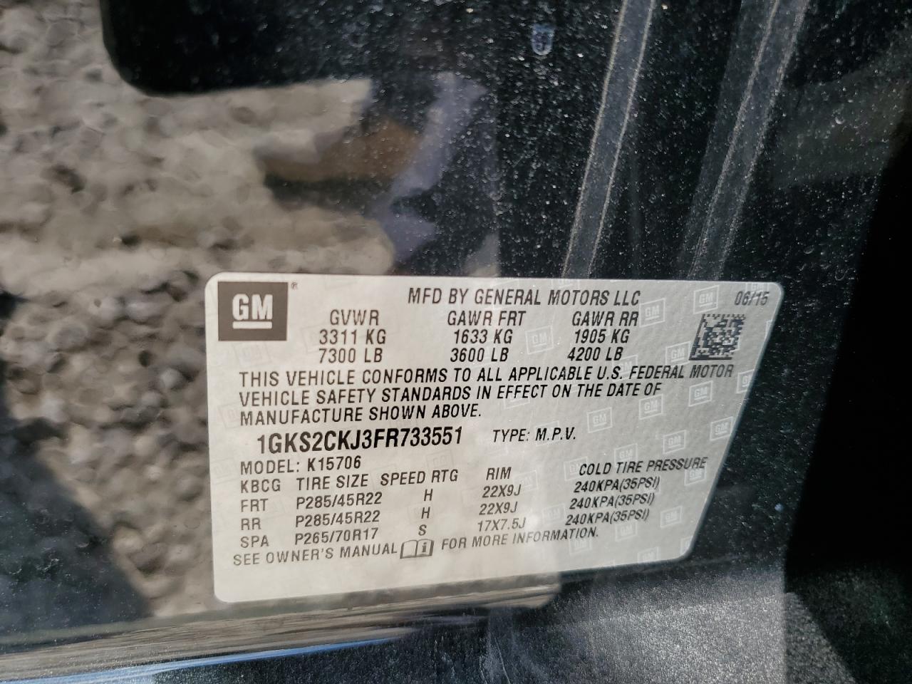 2015 GMC Yukon Denali VIN: 1GKS2CKJ3FR733551 Lot: 80606455