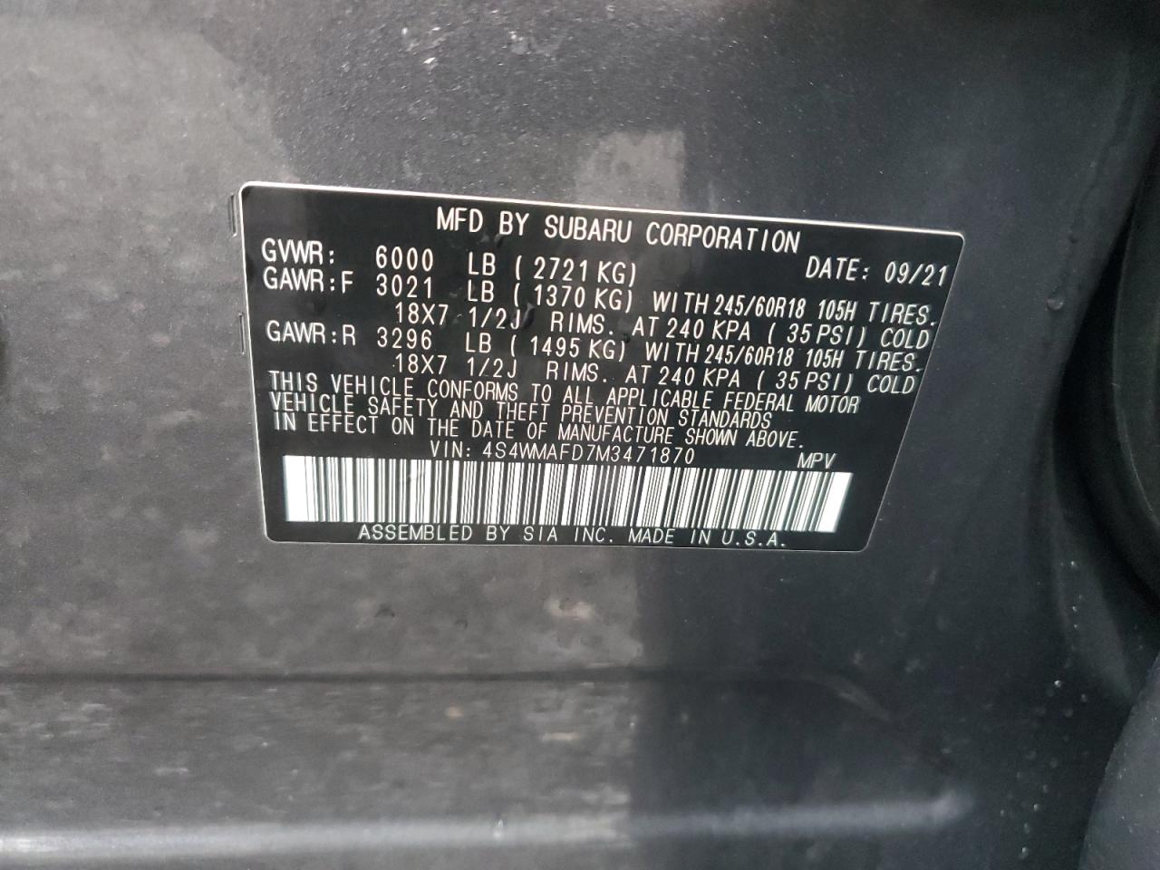 2021 Subaru Ascent Premium VIN: 4S4WMAFD7M3471870 Lot: 83813425