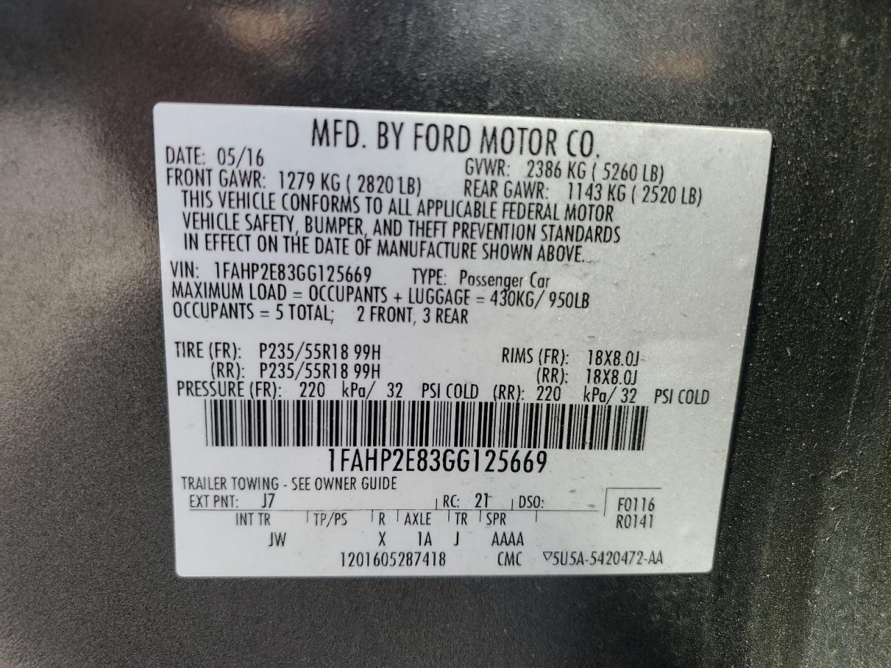 2016 Ford Taurus Sel VIN: 1FAHP2E83GG125669 Lot: 72028515