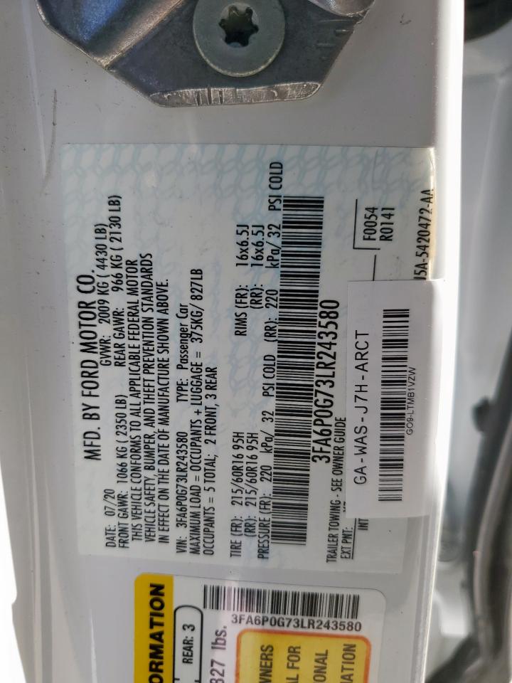 2020 Ford Fusion S VIN: 3FA6P0G73LR243580 Lot: 84242985