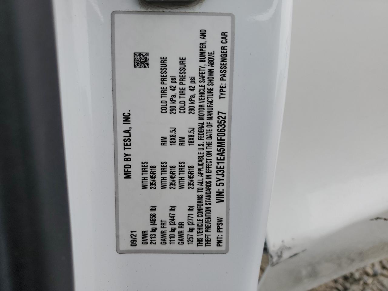 2021 Tesla Model 3 VIN: 5YJ3E1EA5MF063527 Lot: 80827995