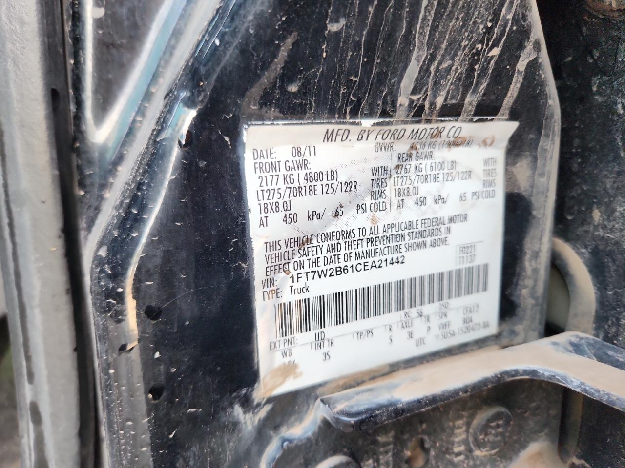 2012 Ford F250 Super Duty VIN: 1FT7W2B61CEA21442 Lot: 70667515