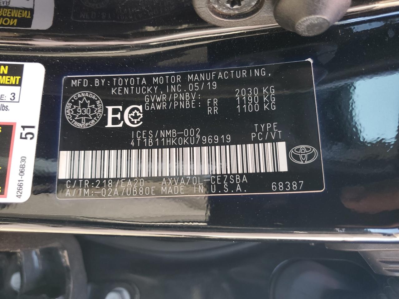 2019 Toyota Camry L VIN: 4T1B11HK0KU796919 Lot: 84234045