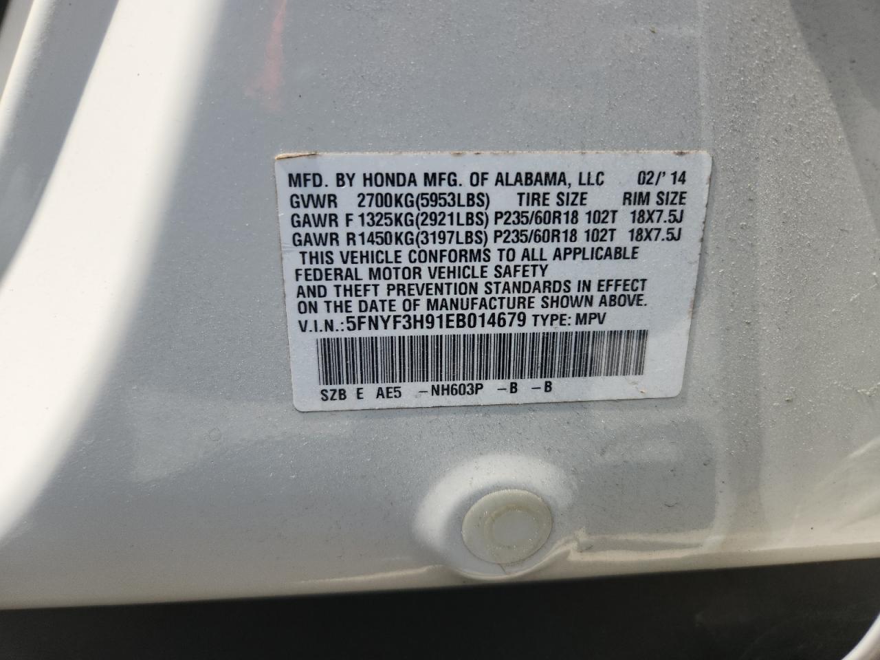 2014 Honda Pilot Touring VIN: 5FNYF3H91EB014679 Lot: 81470775