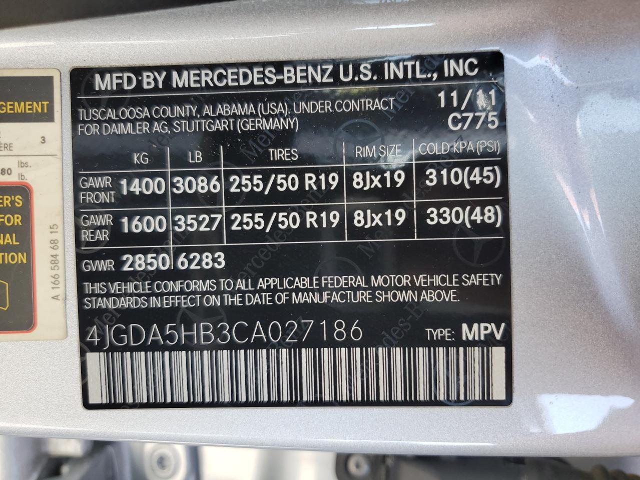 2012 Mercedes-Benz Ml 350 4Matic VIN: 4JGDA5HB3CA027186 Lot: 83768065