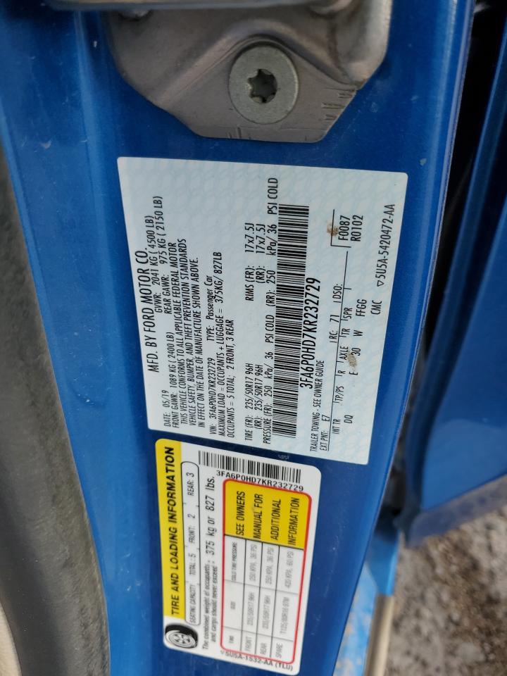 2019 Ford Fusion Se VIN: 3FA6P0HD7KR232729 Lot: 72011045