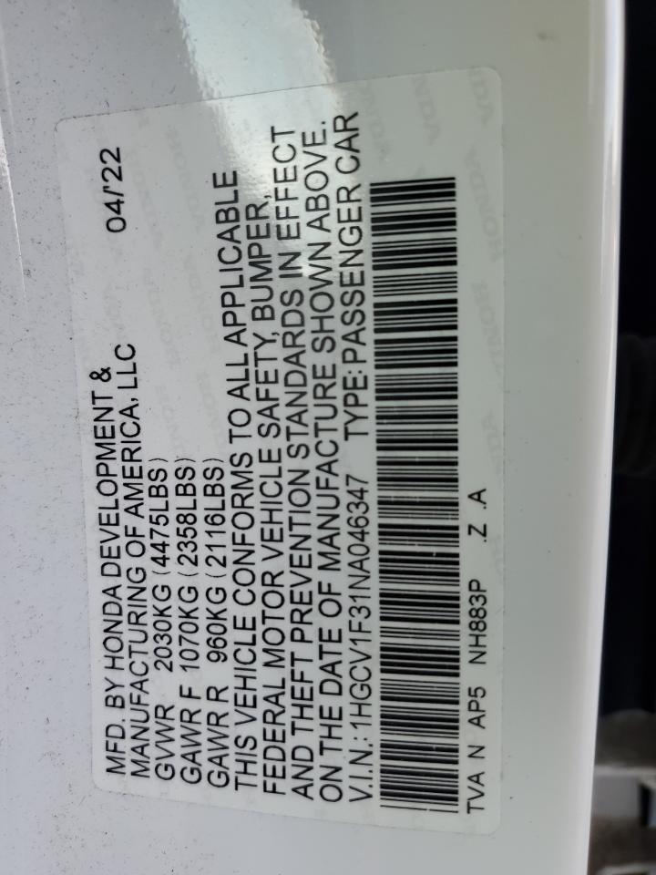2022 Honda Accord Sport VIN: 1HGCV1F31NA046347 Lot: 81740155