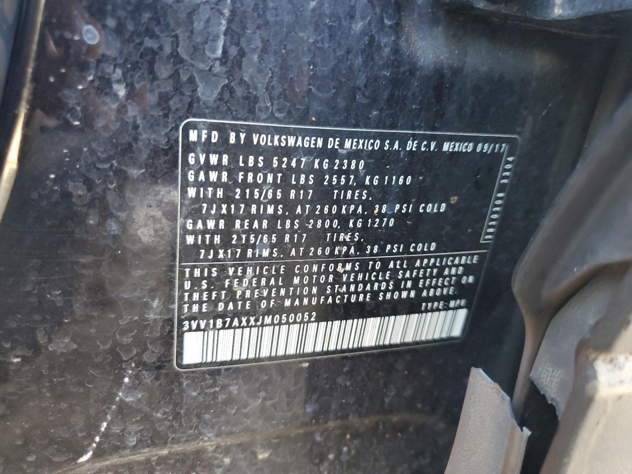 2018 Volkswagen Tiguan S VIN: 3VV1B7AXXJM050052 Lot: 80586585