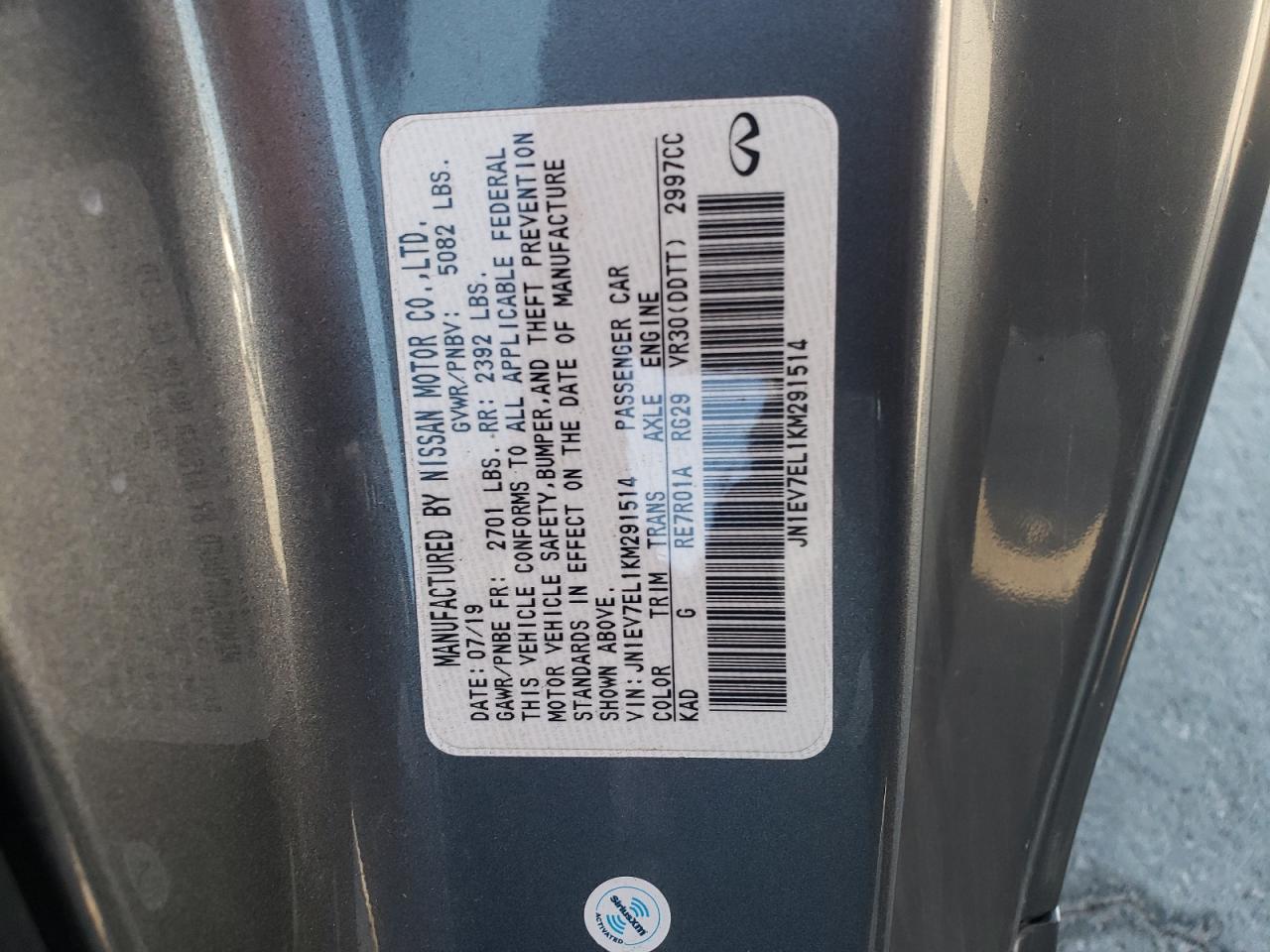 2019 Infiniti Q60 Pure VIN: JN1EV7EL1KM291514 Lot: 62658525