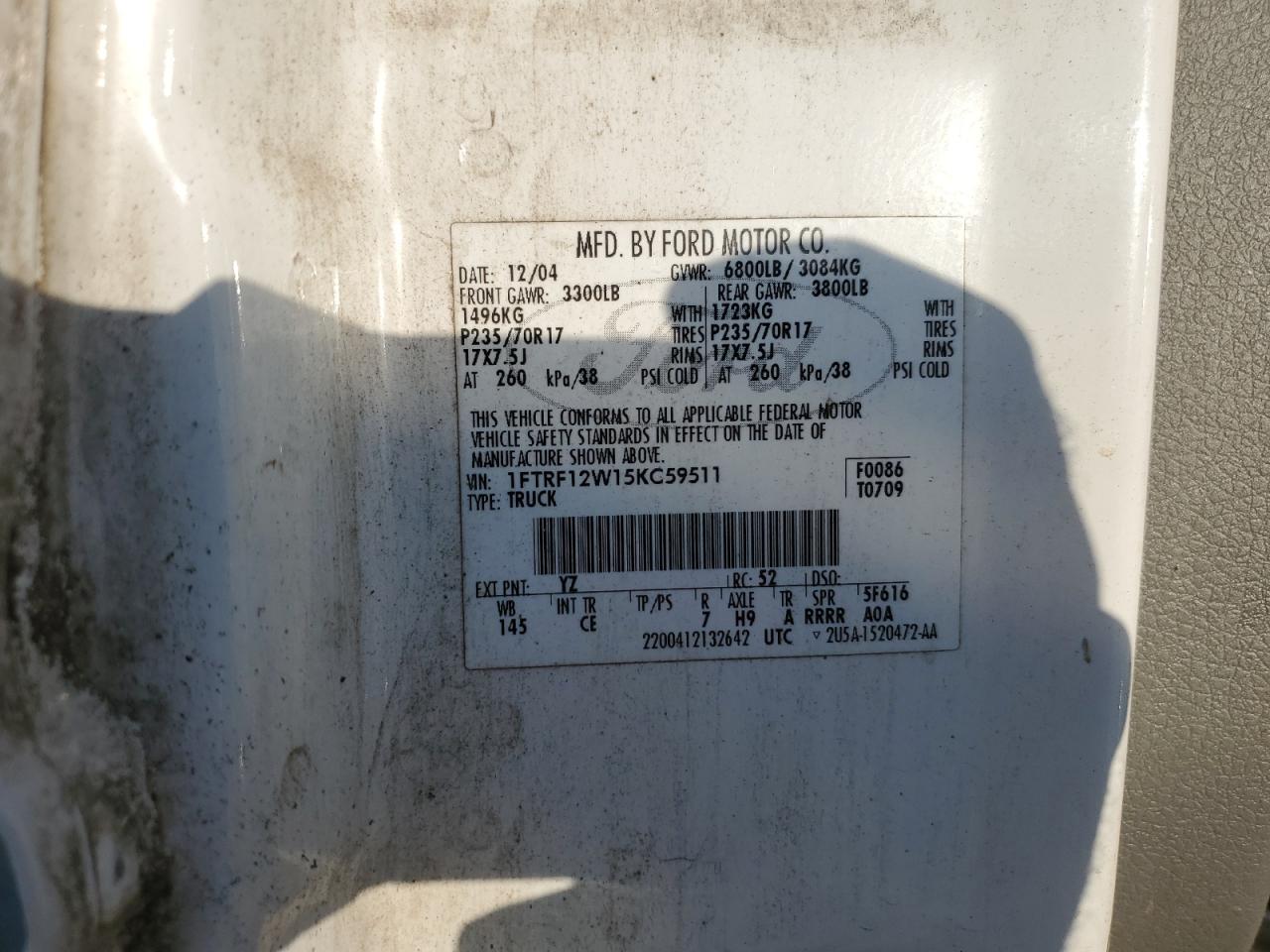 2005 Ford F150 VIN: 1FTRF12W15KC59511 Lot: 81770215