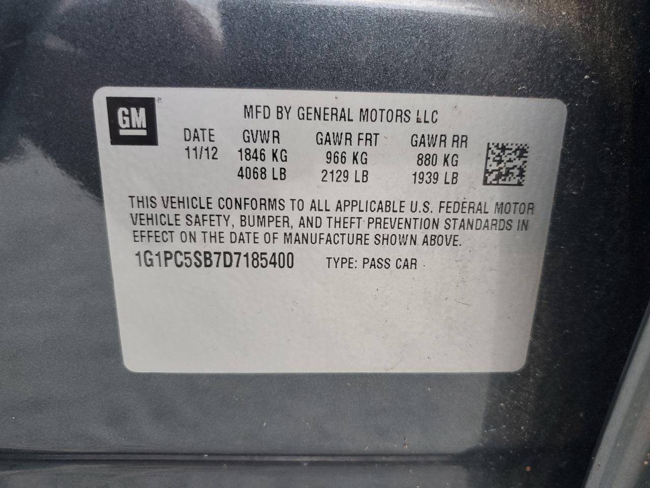 2013 Chevrolet Cruze Lt VIN: 1G1PC5SB7D7185400 Lot: 80896365