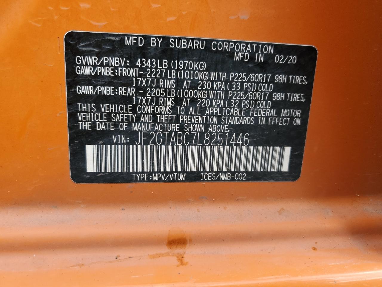 2020 Subaru Crosstrek VIN: JF2GTABC7L8251446 Lot: 84555005