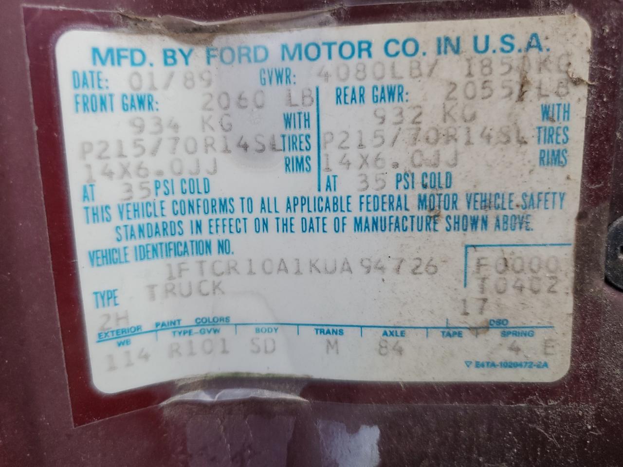 1989 Ford Ranger VIN: 1FTCR10A1KUA94726 Lot: 70840495