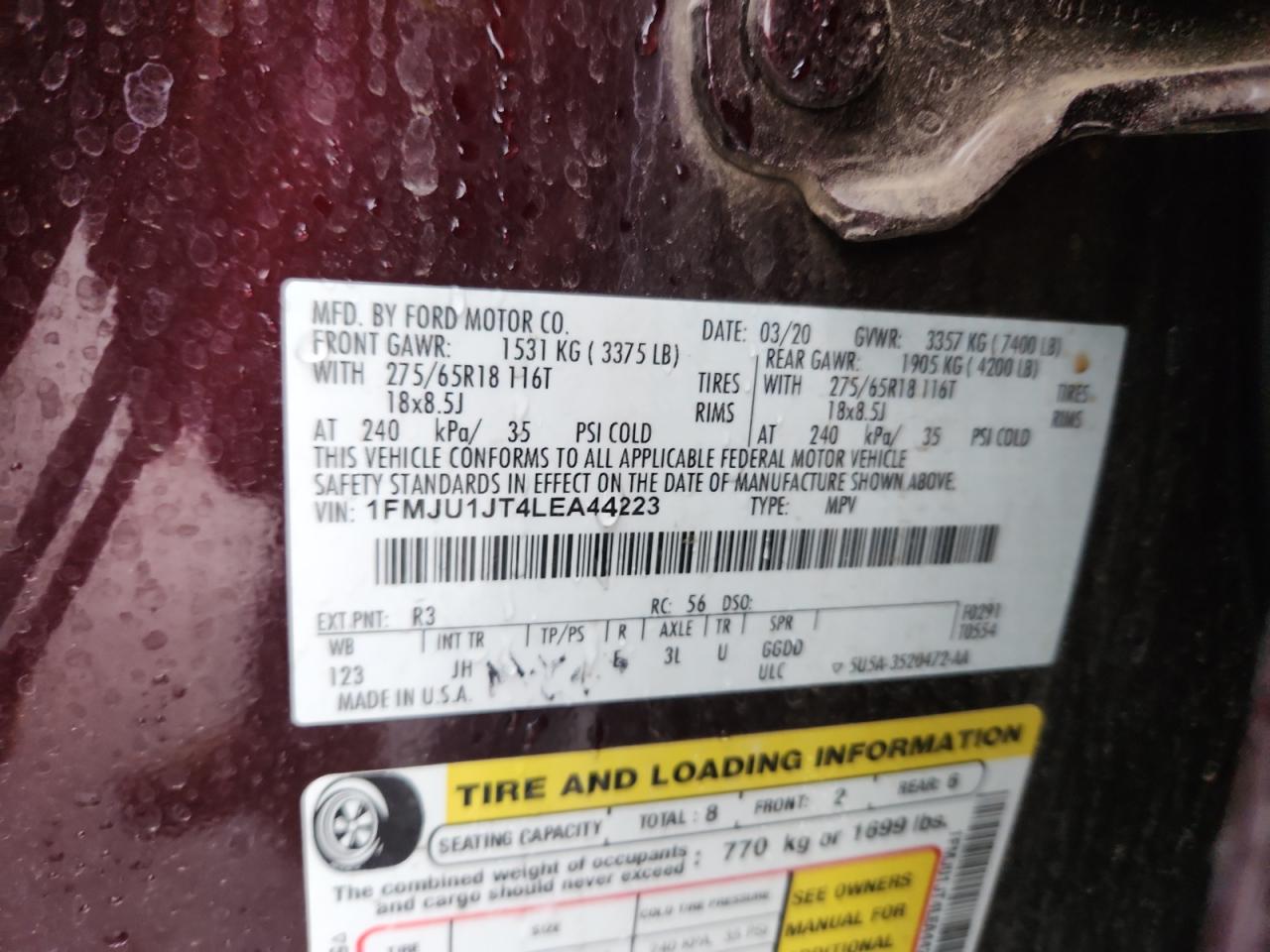 2020 Ford Expedition Xlt VIN: 1FMJU1JT4LEA44223 Lot: 80747935
