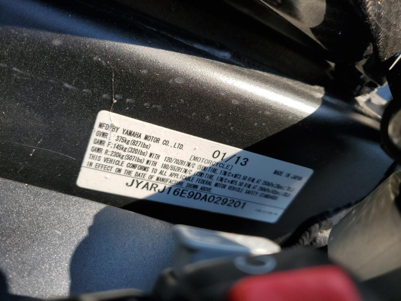2013 Yamaha Yzfr6 VIN: JYARJ16E9DA029201 Lot: 71423765