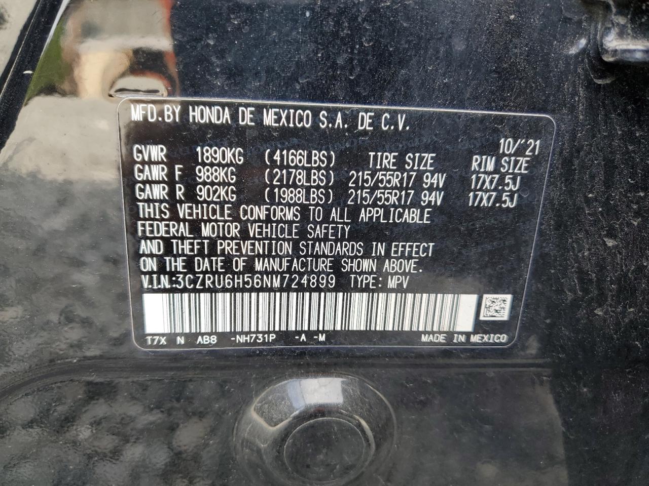 2022 Honda Hr-V Ex VIN: 3CZRU6H56NM724899 Lot: 72058495