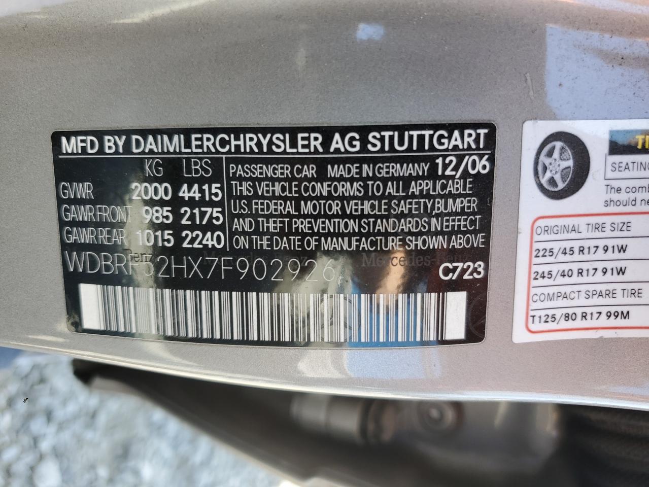 2007 Mercedes-Benz C 230 VIN: WDBRF52HX7F902926 Lot: 71530585