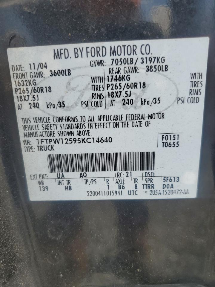 2005 Ford F150 Supercrew VIN: 1FTPW12595KC14640 Lot: 84231235