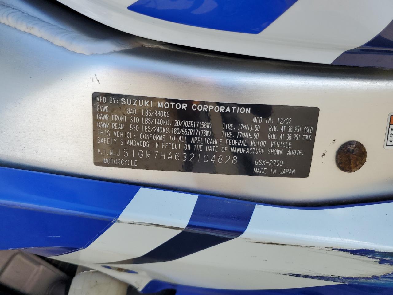 2003 Suzuki Gsx-R750 VIN: JS1GR7HA632104828 Lot: 81850245