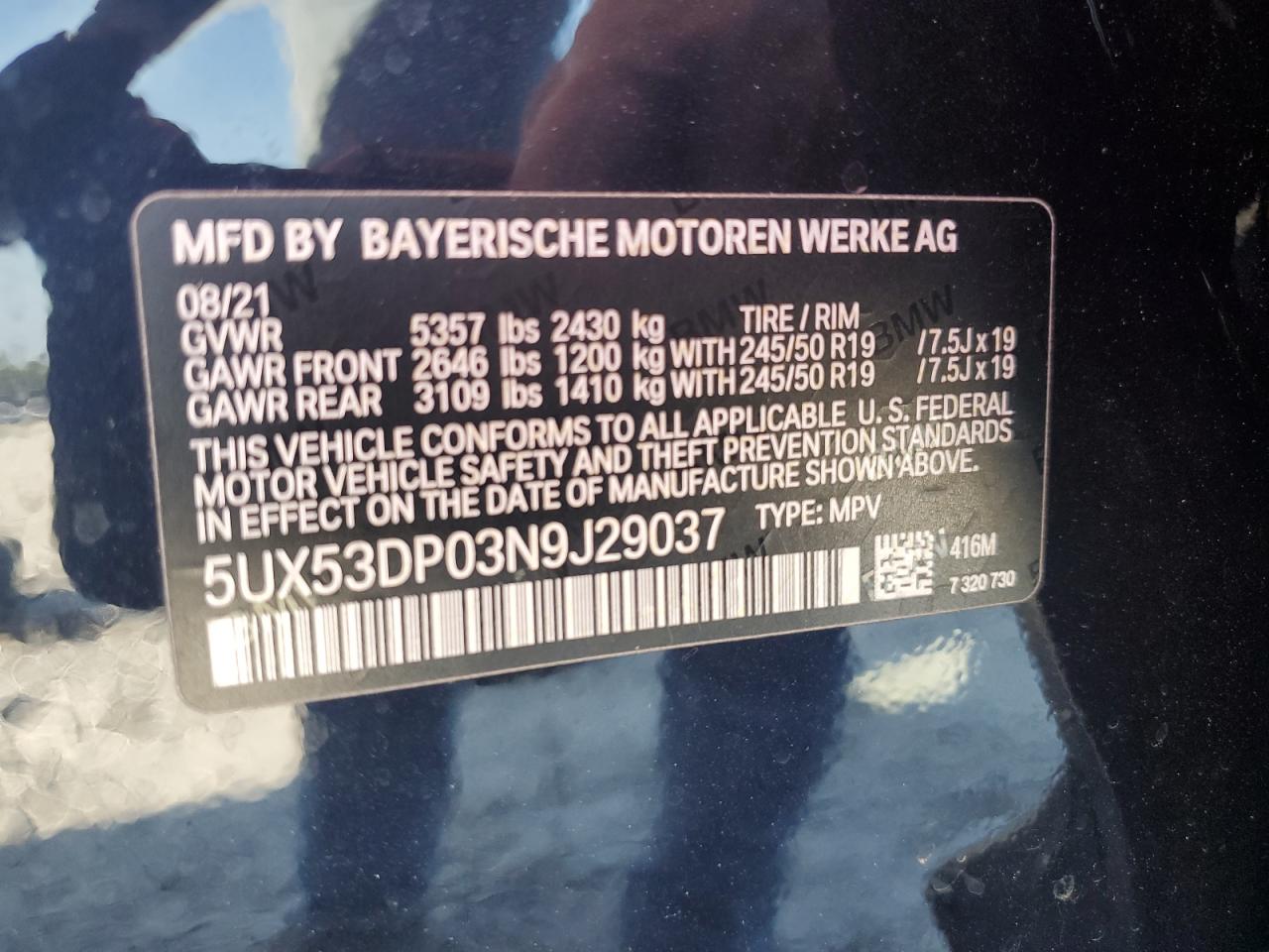 2022 BMW X3 xDrive30I VIN: 5UX53DP03N9J29037 Lot: 72046205
