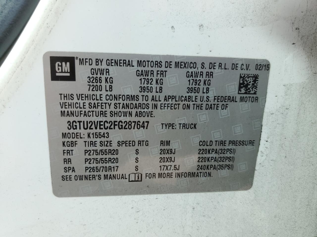 2015 GMC Sierra K1500 Slt VIN: 3GTU2VEC2FG287647 Lot: 70808965