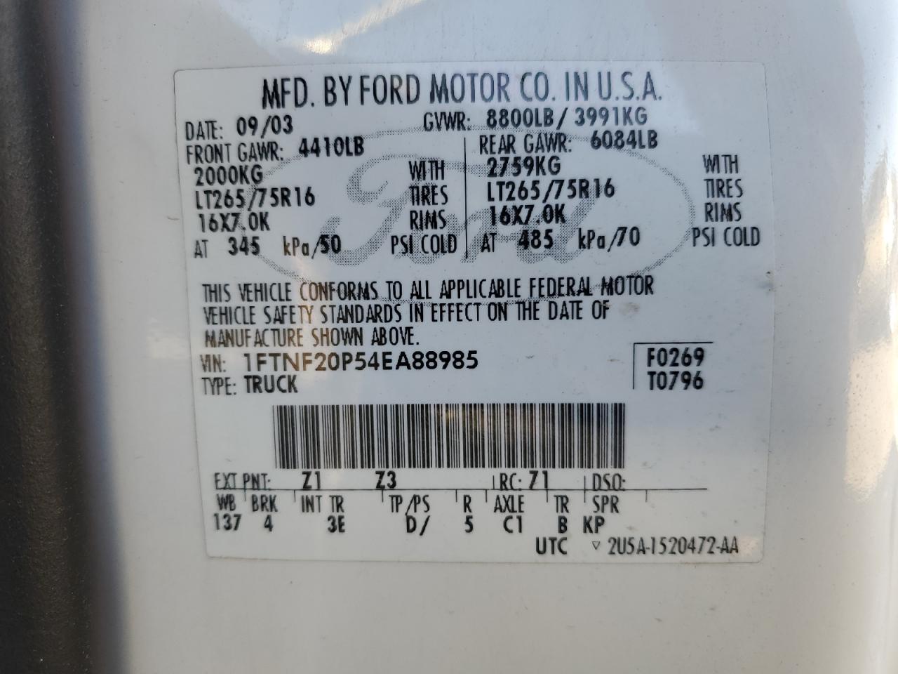 2004 Ford F250 Super Duty VIN: 1FTNF20P54EA88985 Lot: 71915925