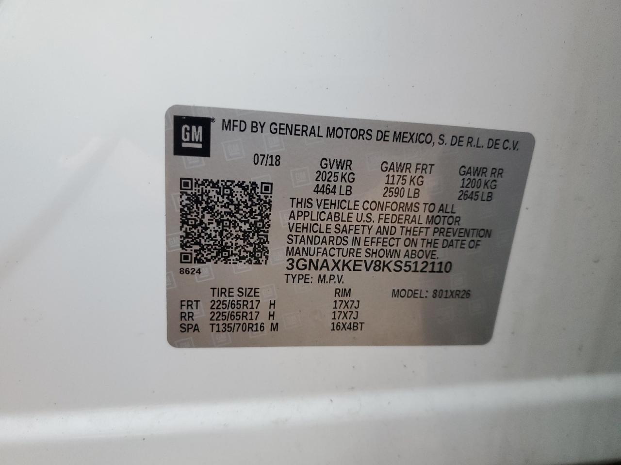 2019 Chevrolet Equinox Lt VIN: 3GNAXKEV8KS512110 Lot: 84389125