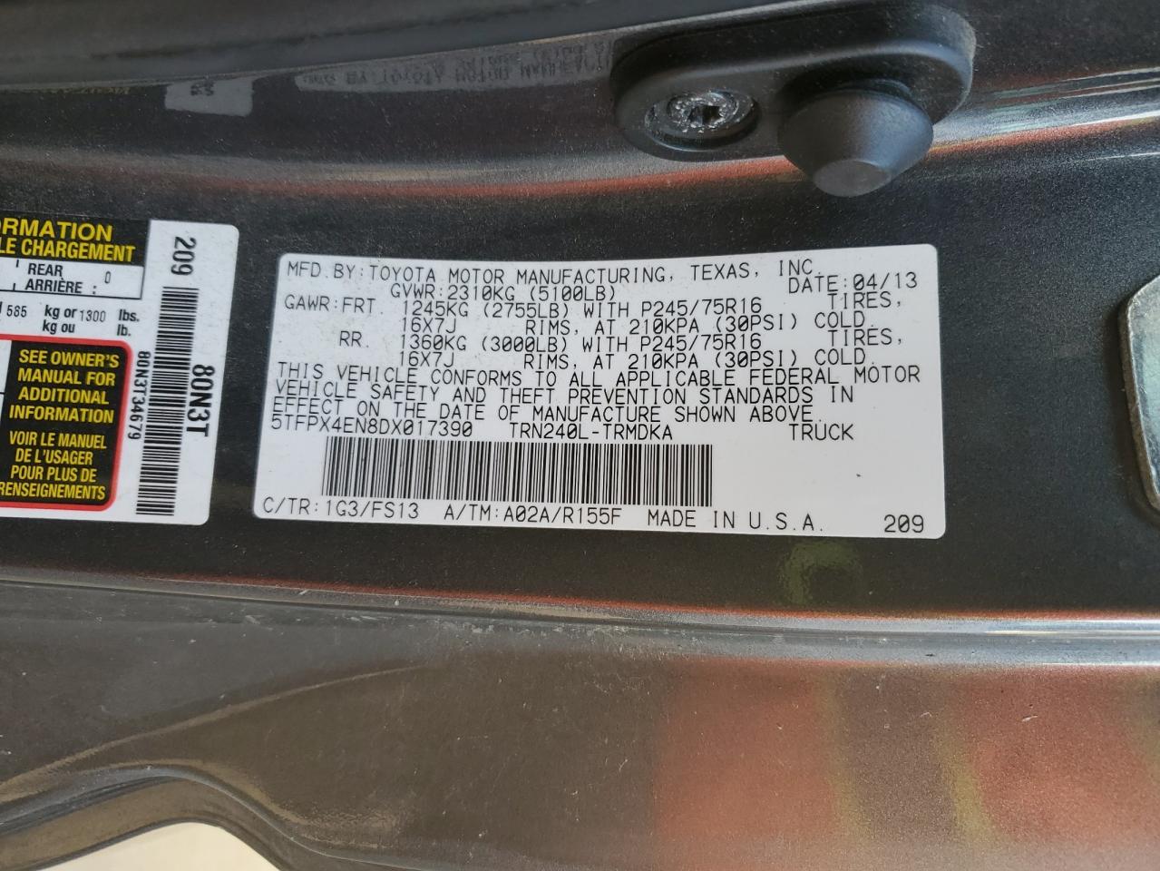 2013 Toyota Tacoma VIN: 5TFPX4EN8DX017390 Lot: 84589505