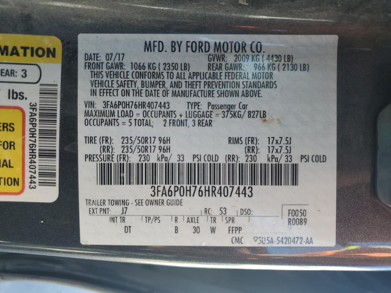 2017 Ford Fusion Se VIN: 3FA6P0H76HR407443 Lot: 84030075