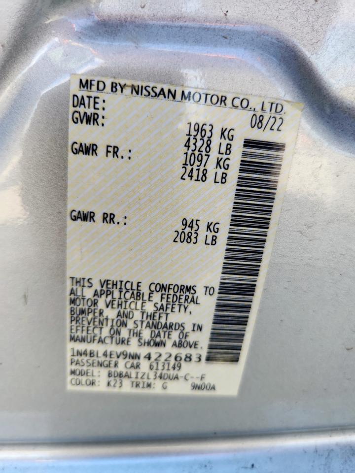 2022 Nissan Altima Sl VIN: 1N4BL4EV9NN422683 Lot: 83809255