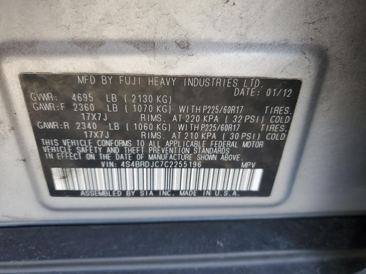 2012 Subaru Outback 3.6R Limited VIN: 4S4BRDJC7C2255196 Lot: 72028715