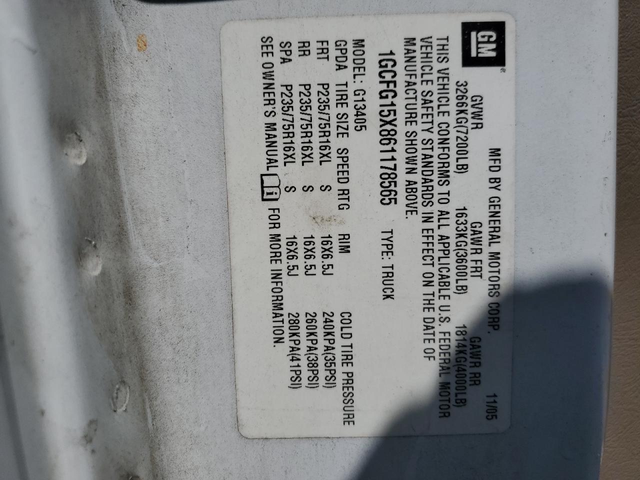 2006 Chevrolet Express G1500 VIN: 1GCFG15X861178565 Lot: 70487165