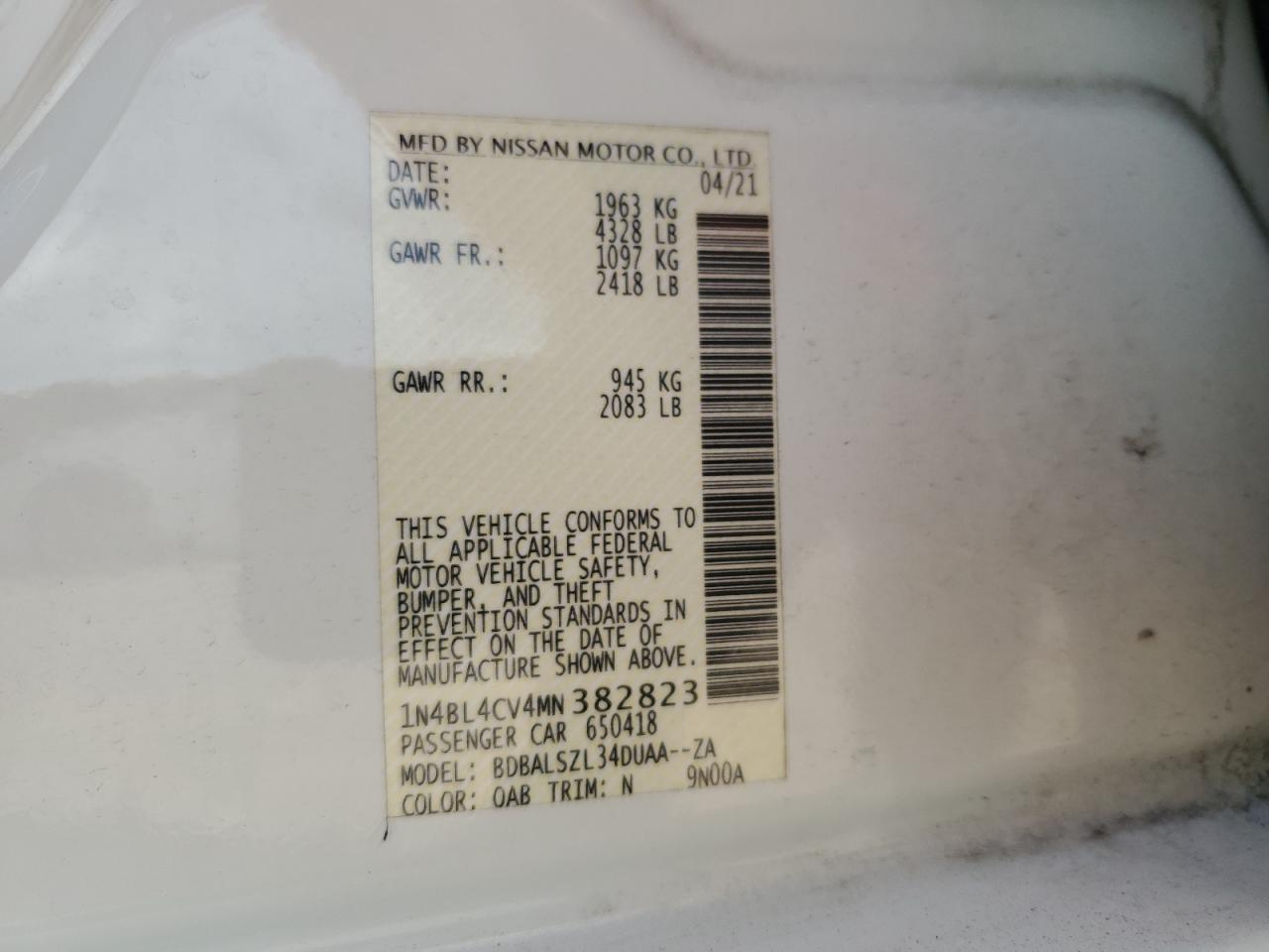 2021 Nissan Altima Sr VIN: 1N4BL4CV4MN382823 Lot: 82163945