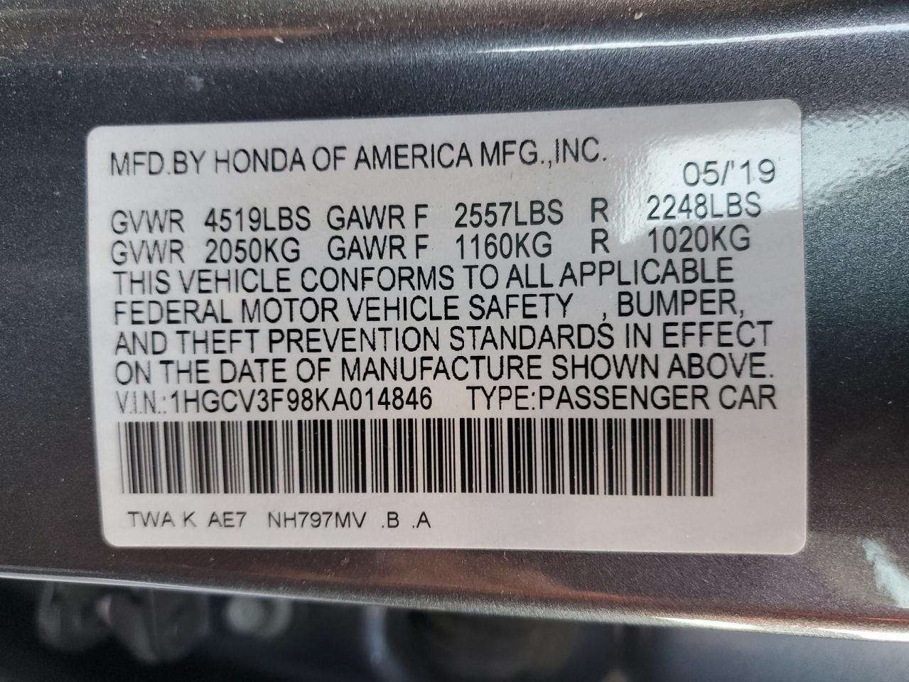 2019 Honda Accord Touring Hybrid VIN: 1HGCV3F98KA014846 Lot: 80893555