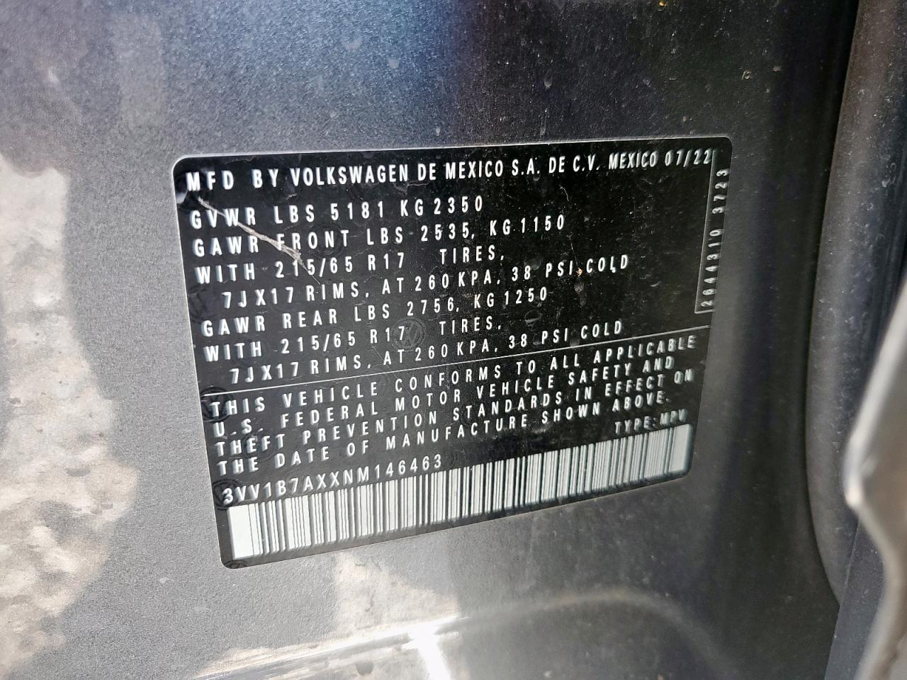 2022 Volkswagen Tiguan S VIN: 3VV1B7AXXNM146463 Lot: 71870245